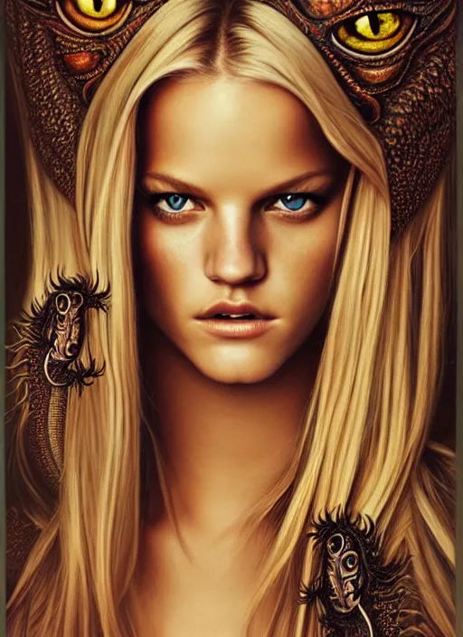 Image similar to portrait photo of a gorgeous young erin heatherton with intricate detailed dragon eyes in the style of stefan kostic realistic sharp