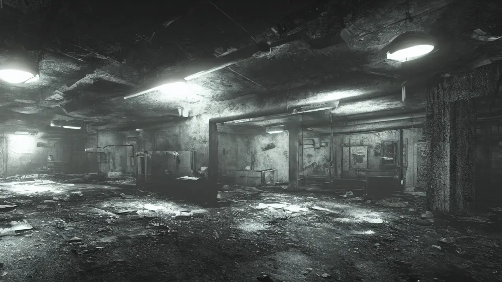 Prompt: a dark ransacked underground laboratory, photorealistic, cryengine 8 k uhd