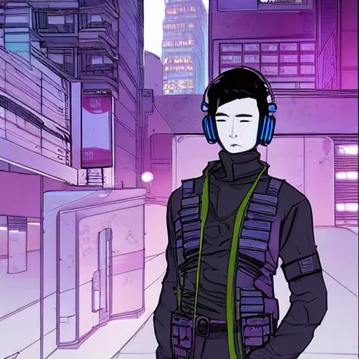 Prompt: asian pretty boy. Beautiful cyberpunk assassin wearing a cyberpunk headset and tactical gear. In style of moebius and laurie greasley.