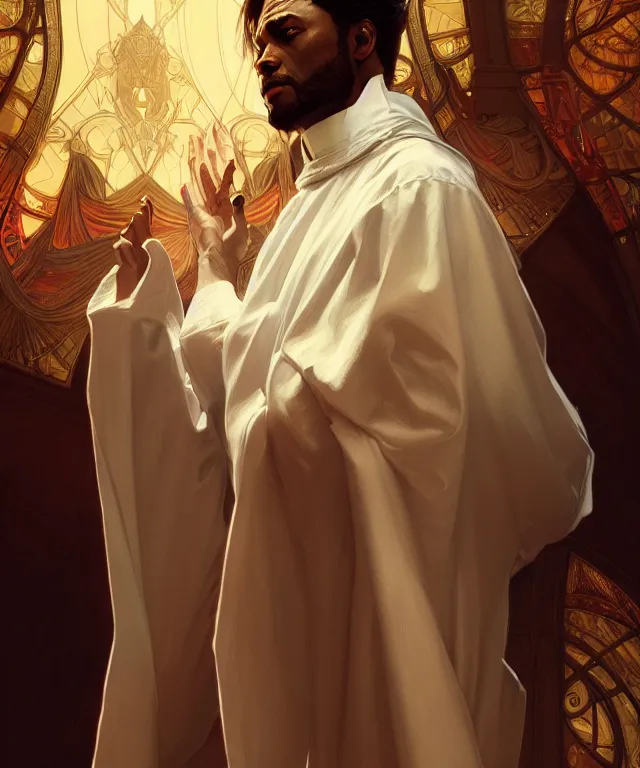 Image similar to a bad preacher, a suspicious priest, portrait, intricate, elegant, highly detailed, digital painting, artstation, concept art, smooth, sharp focus, illustration, art by artgerm and greg rutkowski and alphonse mucha