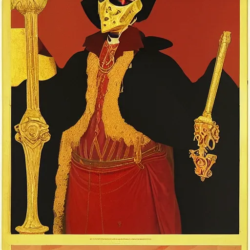 Prompt: decadent, brooding male art deco Byzantine aristocrat wearing baroque golden mask and power armor with bright, intelligent eyes, photograph from Vogue by Carvaggio :: brutalist Imperial court with red, chevron-shaped banners hanging in all corners :: elaborate golden throne :: famous court painting by Carvaggio, Barlowe, and Rembrandt