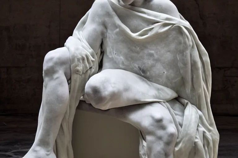 Image similar to a sculpture of a person sitting on a chair, a white marble sculpture covered with floating wax by nicola samori, behance, neo - expressionism, marble sculpture, apocalypse art, made of mist