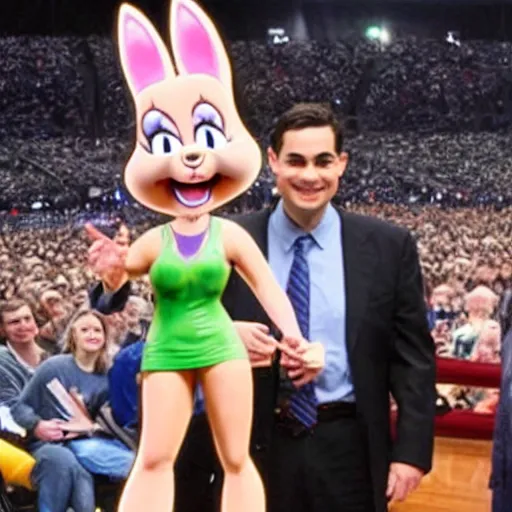 Prompt: Ben Shapiro holding up a figure of Lola Bunny from Space Jam