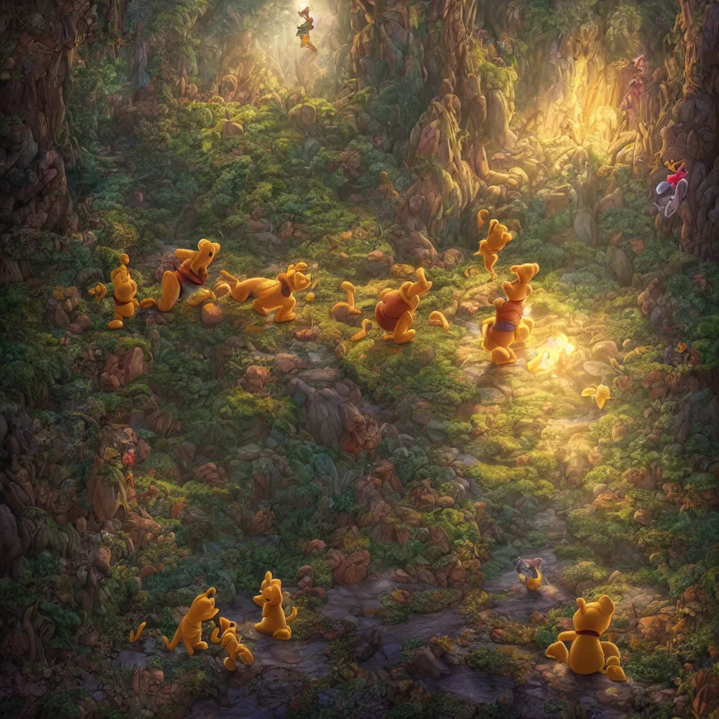 Image similar to epic finale scene of winnie the pooh being betrayed by goofy and donald duck, intricate, epic, elegant, menacing, fantasy, highly detailed, digital painting, hard focus, beautiful volumetric lighting, epic light, ultra detailed, by Leesha Hannigan, Ross Tran, Thierry Doizon, Kai Carpenter, Ignacio Fernández Ríos