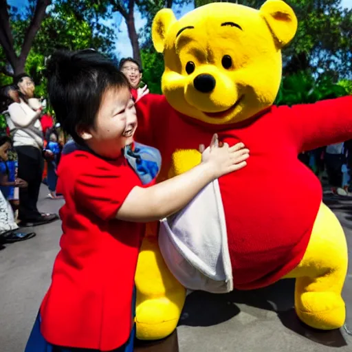 Prompt: Xi Jinping (President of the People's Republic of China) hugging Winnie the Pooh at Disney World in Florida, Getty Images, 4k, DLSR