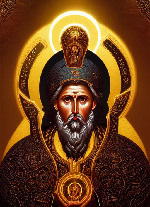 Prompt: hyper detailed ultra sharp orthodox saint icon, backlit golden halo, unholy man, trending on artstation, byzantine aesthetic, elden ring, religious, decadent, ornate, intricate, digital painting, concept art, smooth, sharp focus, illustration, art by artgerm and greg rutkowski and zdizslaw beksinski, 8 k