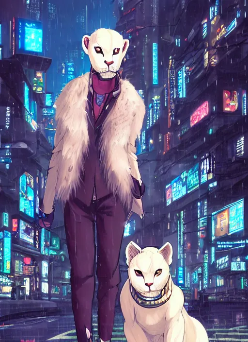 Prompt: character portrait of a male anthro albino mountain lion fursona with a tail and a cute beautiful attractive furry face wearing stylish cyberpunk clothes in a cyberpunk city at night while it rains. hidari, color page, tankoban, 4K, tone mapping, Akihiko Yoshida.