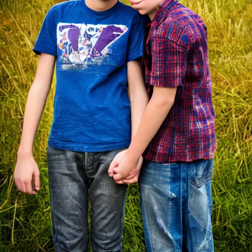 Image similar to Photograph of two teenage boys in love, holding hand, sigma 85mm