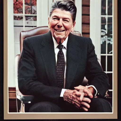 Image similar to [ ronald reagan sitting in chair... tiger lying at his feet ]