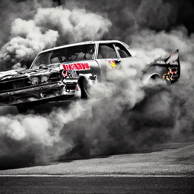 Prompt: nhra, drag strip, drag car, dirt explosion, smoke explosion, rolling car photograph, furry fandom, photorealistic,