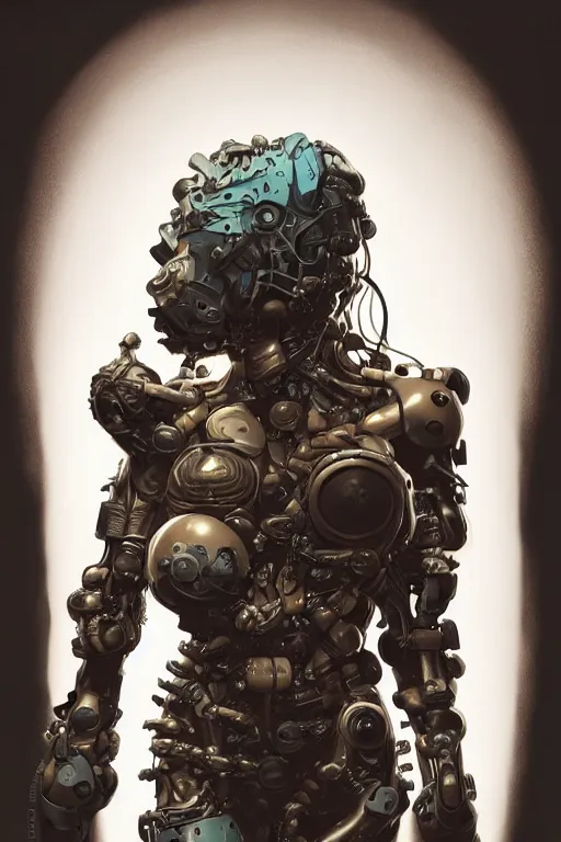 Image similar to a girl in a closed helmet in a alive biopunk costume consisting of swollen muscles, tendons, bones joints, protruding pistons. masterpiece 4k digital design by Mike Mignola, award winning, Artstation, Mike Mignola aesthetic, black background, intricate details, realistic, hyperdetailed, 8k resolution