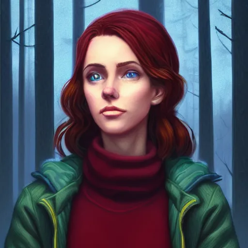 Prompt: an insanely detailed realistic depiction of beautiful jodi from stardew valley standing in the rainy forest wearing burgundy sweater under blue denim jacket, auburn hair, pretty blue eyes, in the style of peter mohrbacher, artgerm, dramatic lighting and composition, octane render, trending on artstation, concept art 8 k