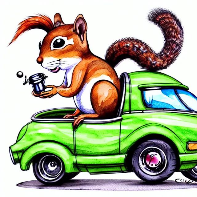 Image similar to cute and funny, squirrel wearing a helmet riding in a hot rod with oversized engine, ratfink style by ed roth, centered award winning watercolor pen illustration, isometric illustration by chihiro iwasaki, edited by range murata, tiny details by artgerm and watercolor girl, symmetrically isometrically centered, sharply focused