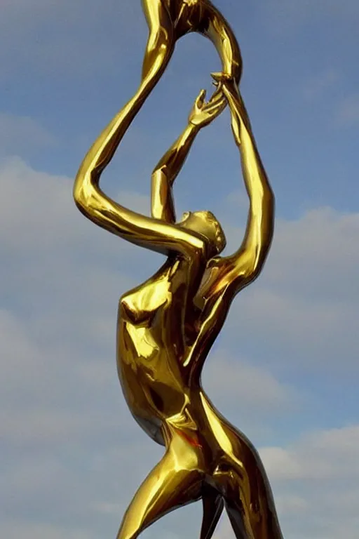 Prompt: geometric knot metal sculpture with rainbow crystal glass elements reflecting the light, statuesque female dancer figure within the sculpture with her arms towards the sky, love, happiness, gold, lucky, golden hour, facing the camera, portrait, jeff koons, rodin, peter elson, alan bean, wangechi mutu, clean cel shaded vector art, trending on artstation