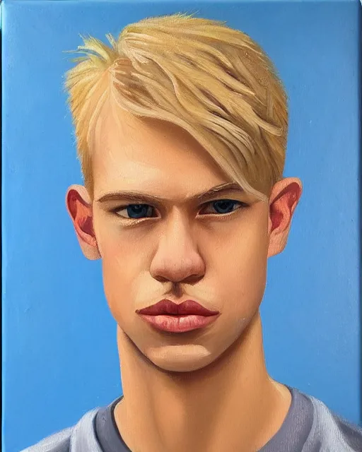 Image similar to little awkward cute blond man who is awkward and is also awkward, masculine features, cute face, thin, strong jawline, very detailed oil painting, oil on canvas