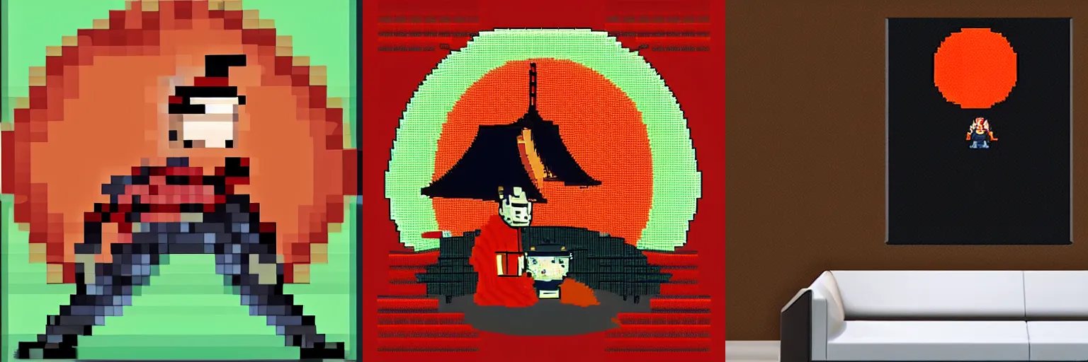 Prompt: pixel art of a samurai standing under a red moon on a hill bowing down