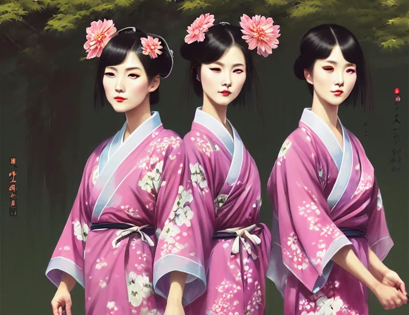 Image similar to two beautiful fashion taiwan girl wear elegant yukata in festival | | big eyes, summer night, realistic shaded, smile, good looking, fine details, 4 k realistic, cryengine, realistic shaded lighting poster by greg rutkowski, magali villeneuve, artgerm, jeremy lipkin and michael garmash and rob rey