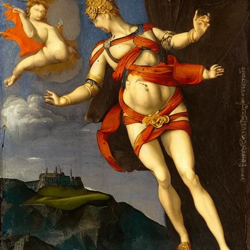 Prompt: a cyborg greek goddess wearing a toga, flying above olympus, renaissance art