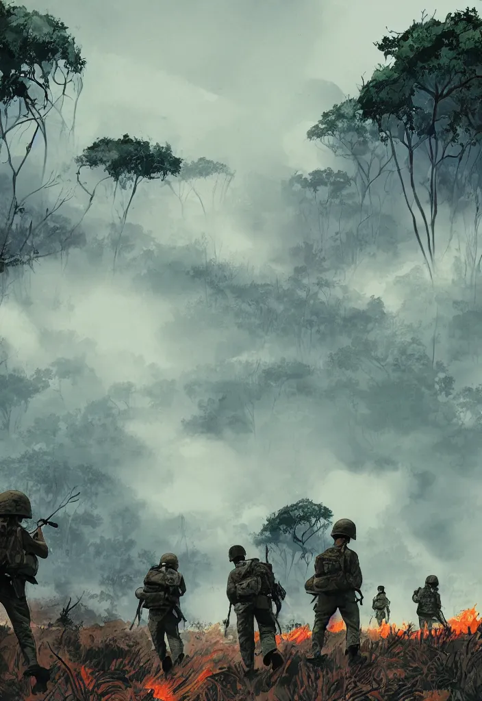 Image similar to handmade illustration of an epic Vietnam war scene with a few american soldiers walking, the jungle at the background, some smoke and fire, blue sky with dramatic clouds, line art, ink, watercolor by Kilian Eng and by Jake Parker, heavy brushstrokes, winning-award masterpiece, fantastic, octane render, 8K HD Resolution, High quality image