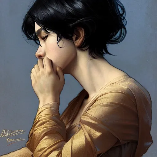 Prompt: young boy, black hair, gorgeous, amazing, feminine, elegant, intricate, highly detailed, digital painting, artstation, concept art, sharp focus, illustration, art by artgerm and greg rutkowski and alphonse mucha