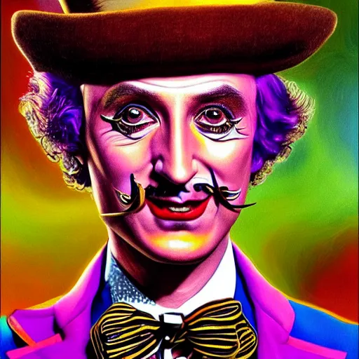 Image similar to an extremely psychedelic portrait of willy wonka as salvador dali, surreal, lsd, face, detailed, intricate, elegant, lithe, highly detailed, digital painting, artstation, concept art, smooth, sharp focus, illustration,