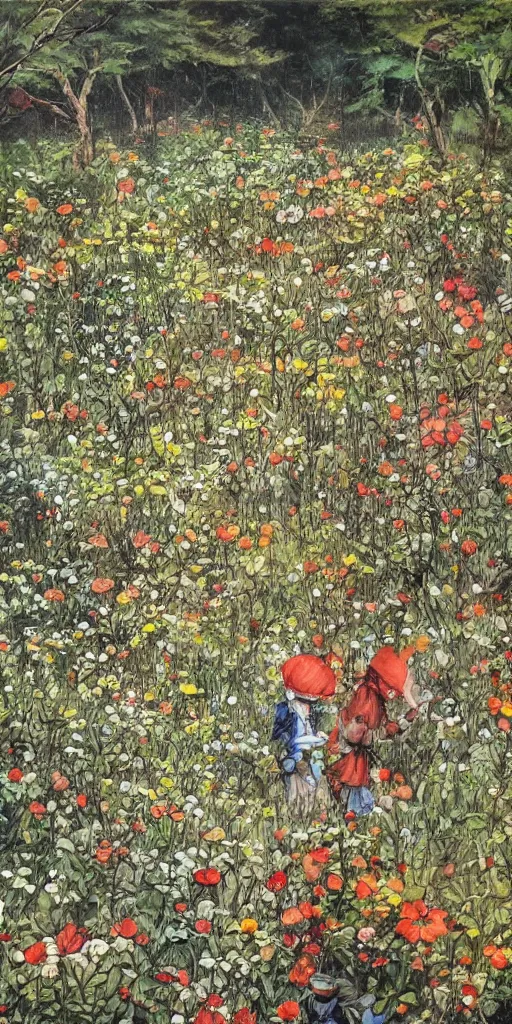 Image similar to oil painting scene from flower fields in the forest by kim jung gi