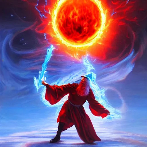 Image similar to Highly detailed oil painting, concept art, of a wizard casting a fireball spell, fighting against a huge ice giant, red and blue color scheme, concept art, highly detailed.