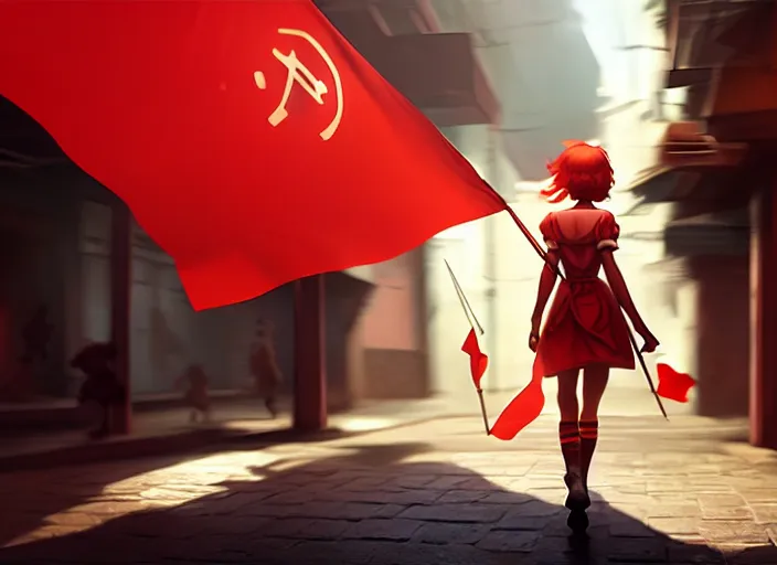 Prompt: glowing girl carrying a red propaganda flag walking through poor district, DSLR 85mm, by Craig Mullins, ilya kuvshinov, krenz cushart, artgerm, Unreal Engine 5, Lumen, Nanite