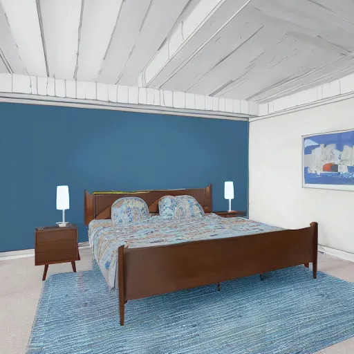 Image similar to in the style of Vincent Di Fate and Chris Moore, a family of six in a mid century modern home, blue limewash walls ,very highly detailed, 8k, wallpaper