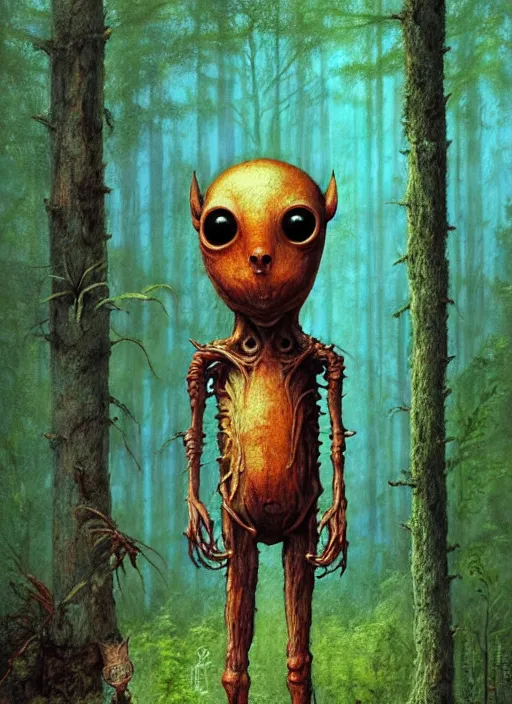 Image similar to cuddly friendly alien in the woods by a river gorgeous lighting, lush forest foliage blue sky a hyper realistic painting by chiara bautista and beksinski and norman rockwell and greg rutkowski, weta studio, and lucasfilm