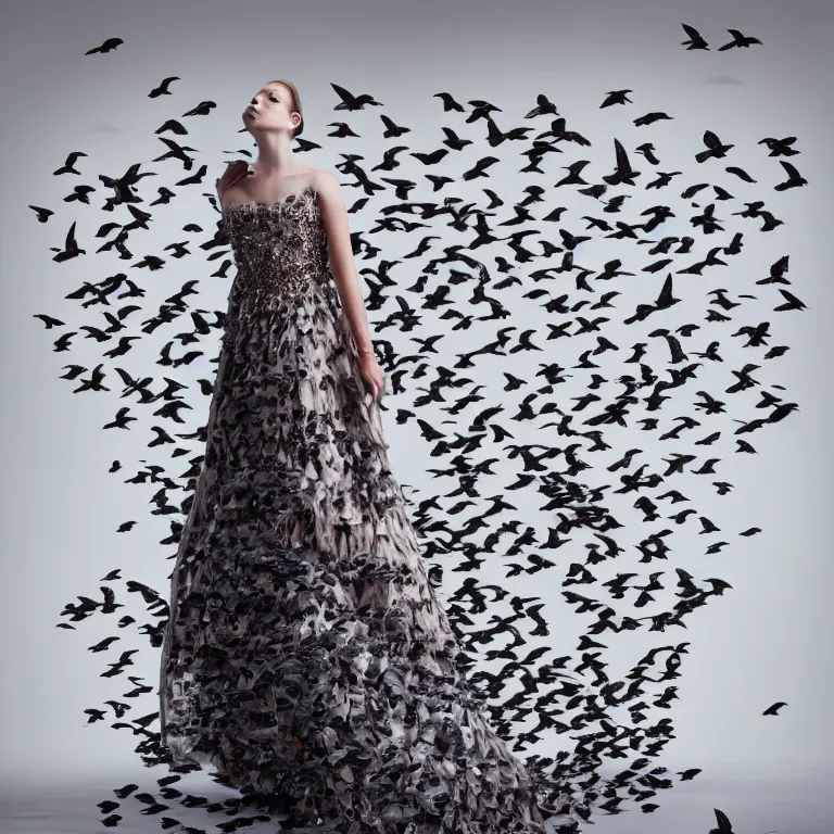 Image similar to “a beautiful woman in a dress made of pigeons, high fashion, concept fashion, studio lighting, nyc, 8k, 4k”