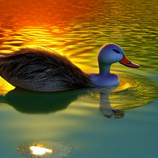 Prompt: furry duck in iridescent water, volumetric light, high detail, photorealistic