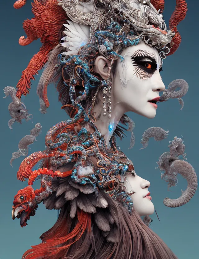 Image similar to 3 d goddess of hell close - up profile portrait with ram skull. beautiful intricately detailed japanese crow kitsune mask and clasical japanese kimono. betta fish, jellyfish phoenix, bio luminescent, plasma, ice, water, wind, creature, artwork by tooth wu and wlop and beeple and greg rutkowski