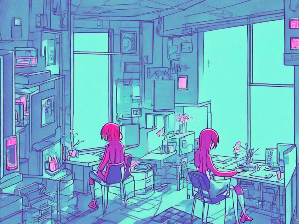 Prompt: beautiful drawing of a female in her small apartment sitting at her computer desk which is in front of a window which looks out to the neon cyber city, style vaporware cartoon japan, low - fi, chill scene, kawaii anime manga style, illustration, aesthetic, minimalistic!! simple, neon pastel, in the style of bryce kho and hayao miyazaki