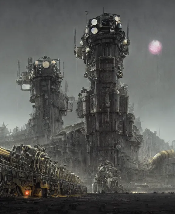 Image similar to a fortified steampunk military base with giant artillery cannons, by HR Giger and Beksiński and Stephan Martiniere , 4k resolution, detailed, trending on artstation