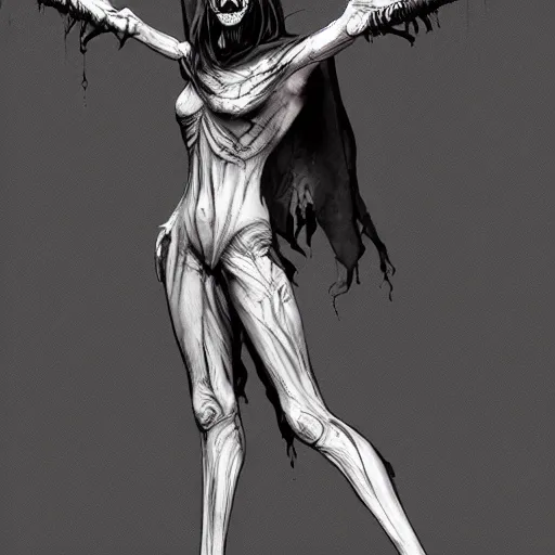 Prompt: female wraith, undead, dynamic pose, elongated legs, long fingers, talons, skull, terrifying, dark, fog, artstation