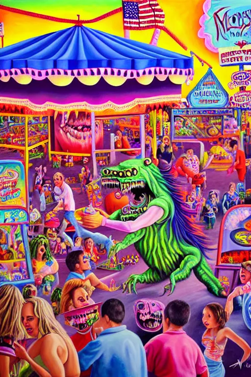 Image similar to a hyperrealistic painting of a monsters day at the county fair, cinematic horror by jimmy alonzo, lisa frank, the art of skinner, highly detailed, vivid color,