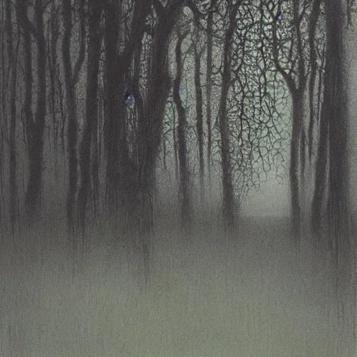 Prompt: beksinski woods moody background