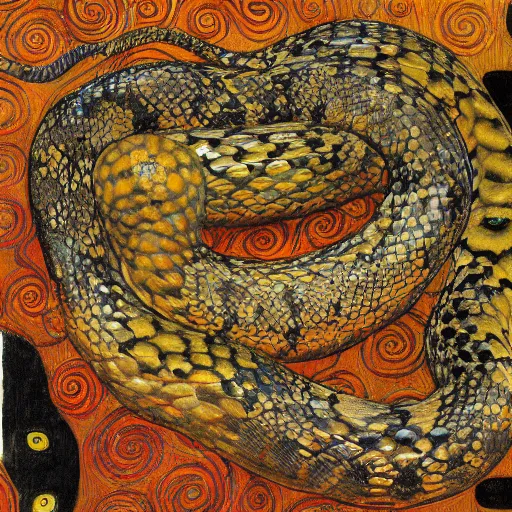 Prompt: detailed oroboros snake biting its tail frathered serpent painting by gustav klimt