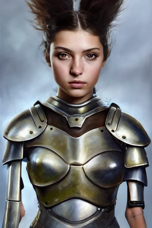 Image similar to a photorealistically painted portrait of an attractive young girl, partially clothed in metal-plated battle armor, with an abstractly painted background, flawless olive skin, fair complexion, long dark hair, beautiful bone structure, perfectly symmetric facial features, perfect photorealistic eyes, natural physique, intricate, elegant, digital painting, concept art, finely detailed, beautifully illustrated, sharp focus, minimal artifacts, volumetric lighting, from DOOM and Halo, by Ruan Jia and Mandy Jurgens and Artgerm and William-Adolphe Bouguerea, in the style of Greg Rutkowski, trending on Artstation, award winning art