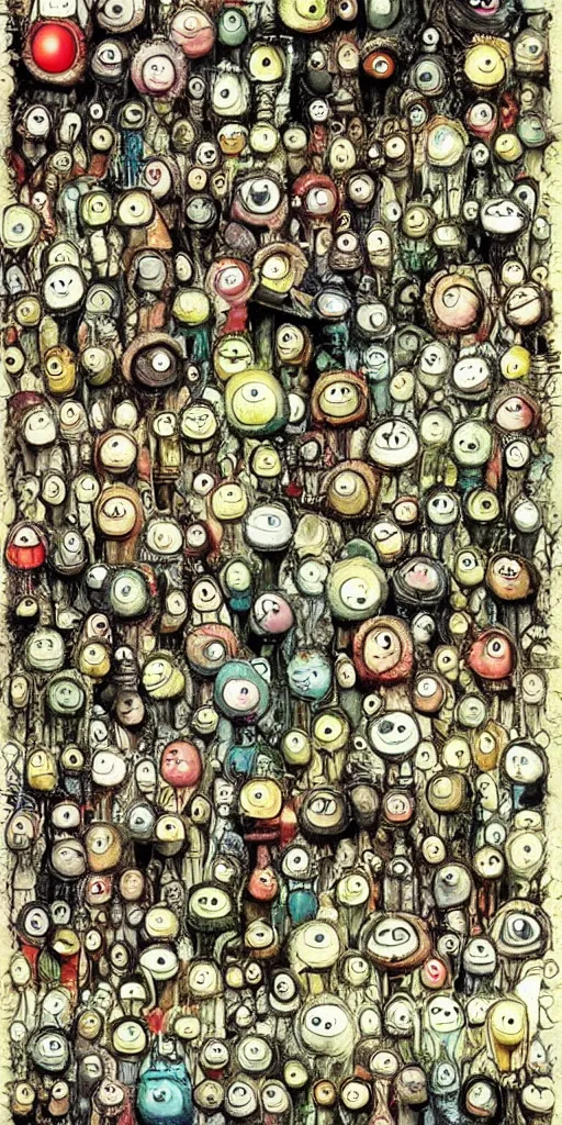 Image similar to an eyeball junkyard scene by alexander jansson and where's waldo