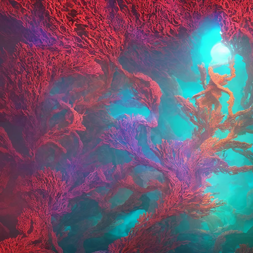 Image similar to Face of a Alien Deity, corals, plume made of fractals, extremly detailed digital painting, in the style of Beeple, mystical colors, rim light, beautiful lighting, 8k, stunning scene, raytracing, octane, trending on artstation