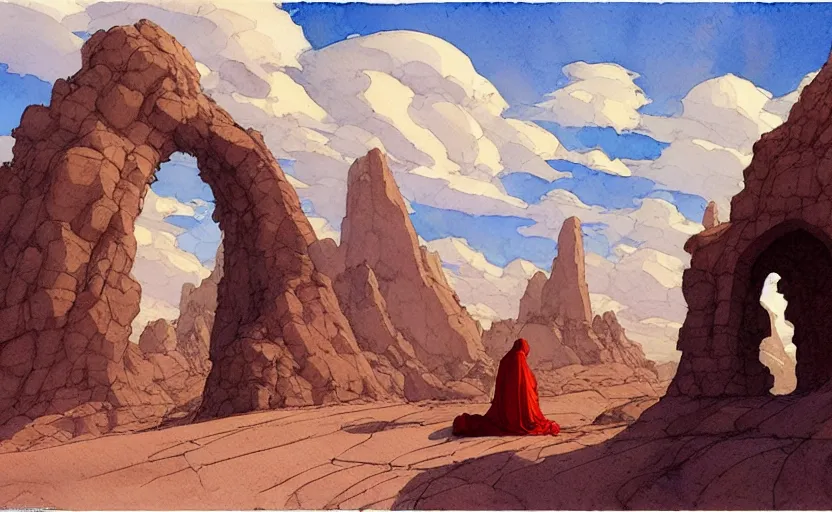 Prompt: a hyperrealist watercolour concept art of a large rock formation dimensional portal in the sky. a medieval monk in grey robes is kneeling in prayer below it on a desert road. by rebecca guay, michael kaluta, charles vess and jean moebius giraud. high detail, hq, wide shot