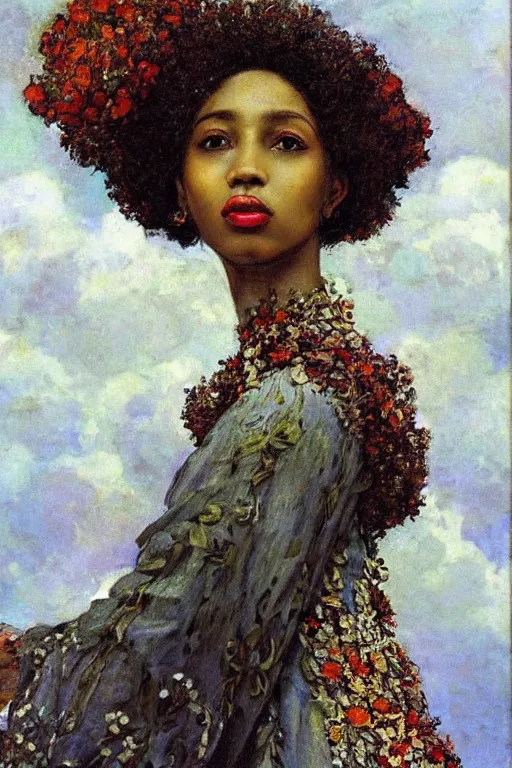 Image similar to close - up fashion afro woman portrait airy flowers cloudy sky art by vasnetsov