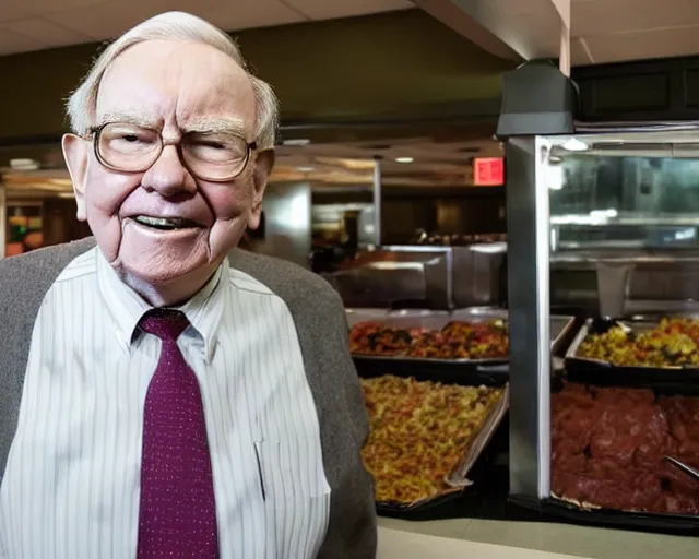 Prompt: color studio photo of warren buffett standing at golden corral buffet line