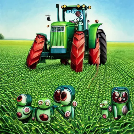Prompt: green agricultural transformers with doraemon face and wings in the corn field, the upper body of fledged bodybuilder, taller than human, droid, robots, humanoid, farming, highly detailed, digital painting, feathers, agricultural tractor, artstation, concept art, smooth, sharp focus, illustration, art by artgerm and greg rutkowski, unreal engine