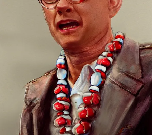 Image similar to Tom hanks as forrest gump wearing a necklace of shrimps around the neck, realistic face, digital art, in the style of Aleksi Briclot, amazing detail, artstation