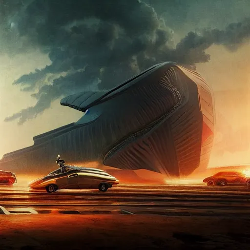 Image similar to sci-fi car dynamic organic forms structure car 30% size and wall structure in the coronation of napoleon painting by Jacques-Louis David and in the blade runner 2049 film search pinterest keyshot product render 4k in dark plastic