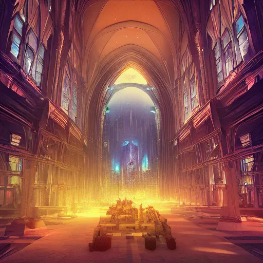 Prompt: “ inside a cathedral, cyberpunk art by vincent lefevre, behance contest winner, altermodern, cityscape, synthwave, matte painting ”