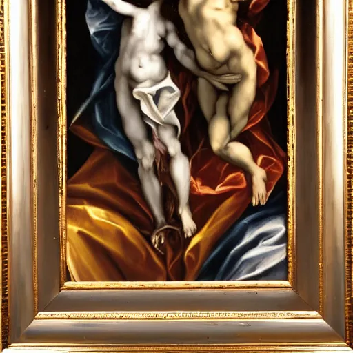 Image similar to symmetry, highly detailed stunning oil painting of heaven, oil on canvas, michaelangelo, el greco, expressionistic, emotive, epic